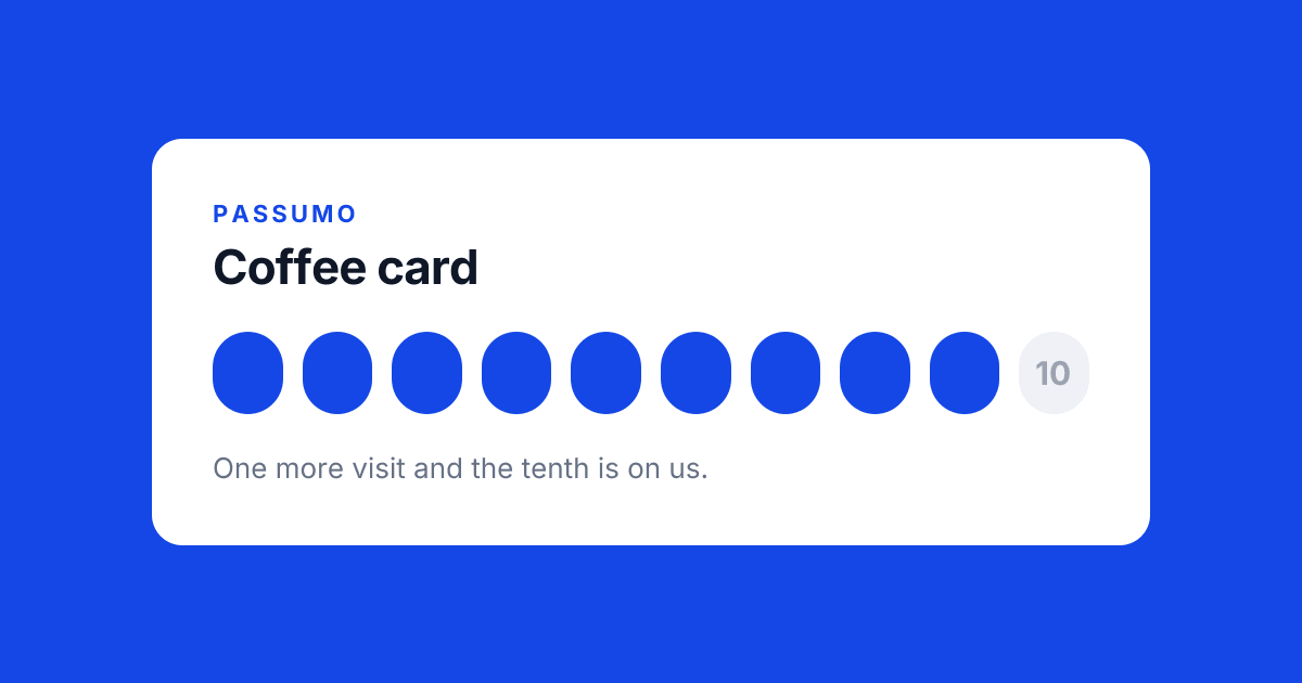 A Passumo loyalty card with nine of ten stamps filled, on a brand-blue background.