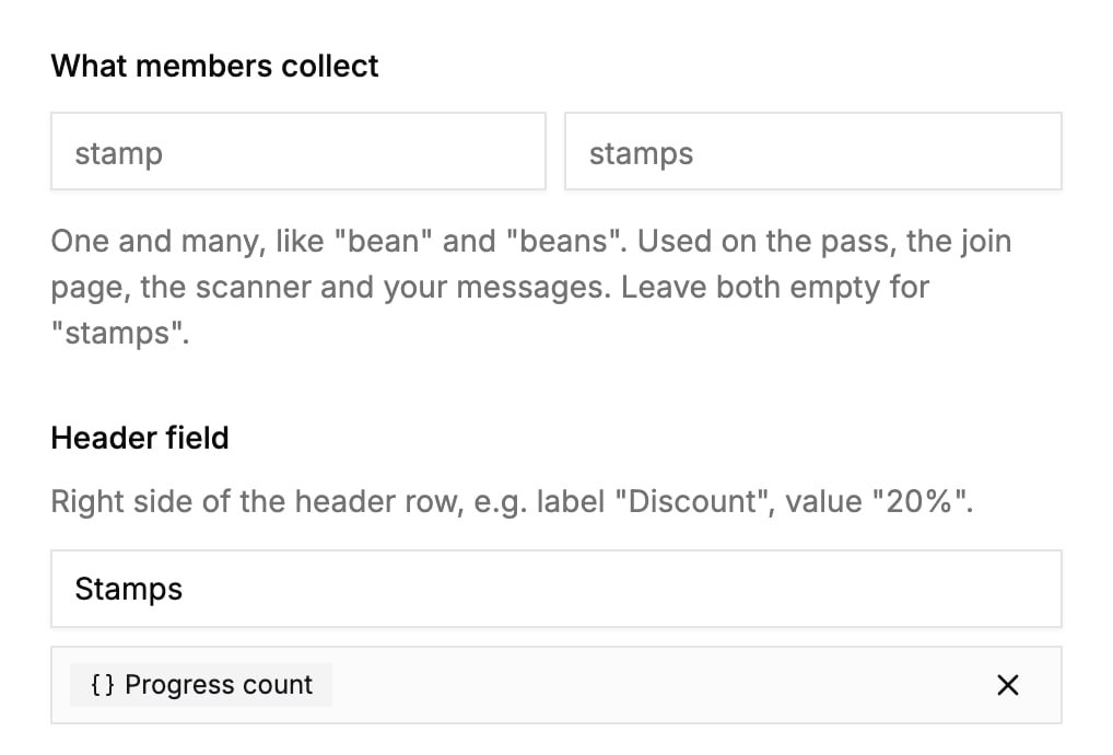 The Content step: members collect a stamp, or stamps, and the pass's header field shows their progress.