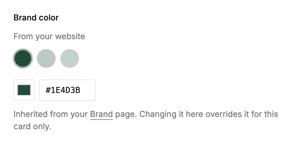 The Design step: three brand colors offered from the shop's website, the dark green one picked.
