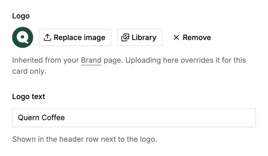 The Details step: Quern Coffee's logo with Replace image and Library buttons, and the logo text.