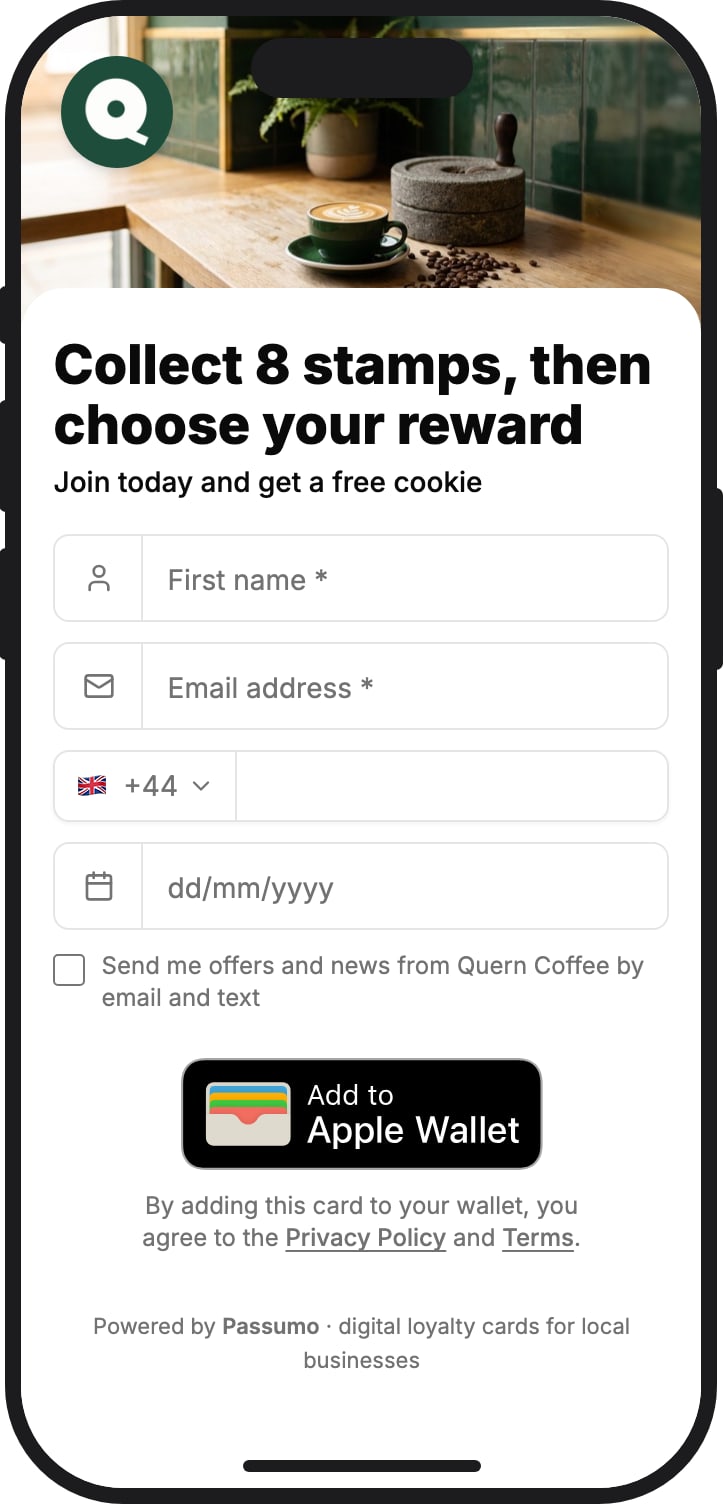 The join page preview: Collect 8 stamps, then choose your reward, above a short form and Add to Apple Wallet.
