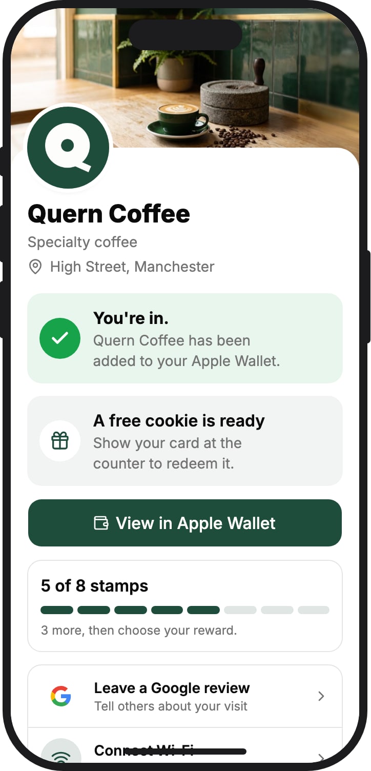 The shop profile preview: You're in, a free cookie ready at the counter, and 5 of 8 stamps.
