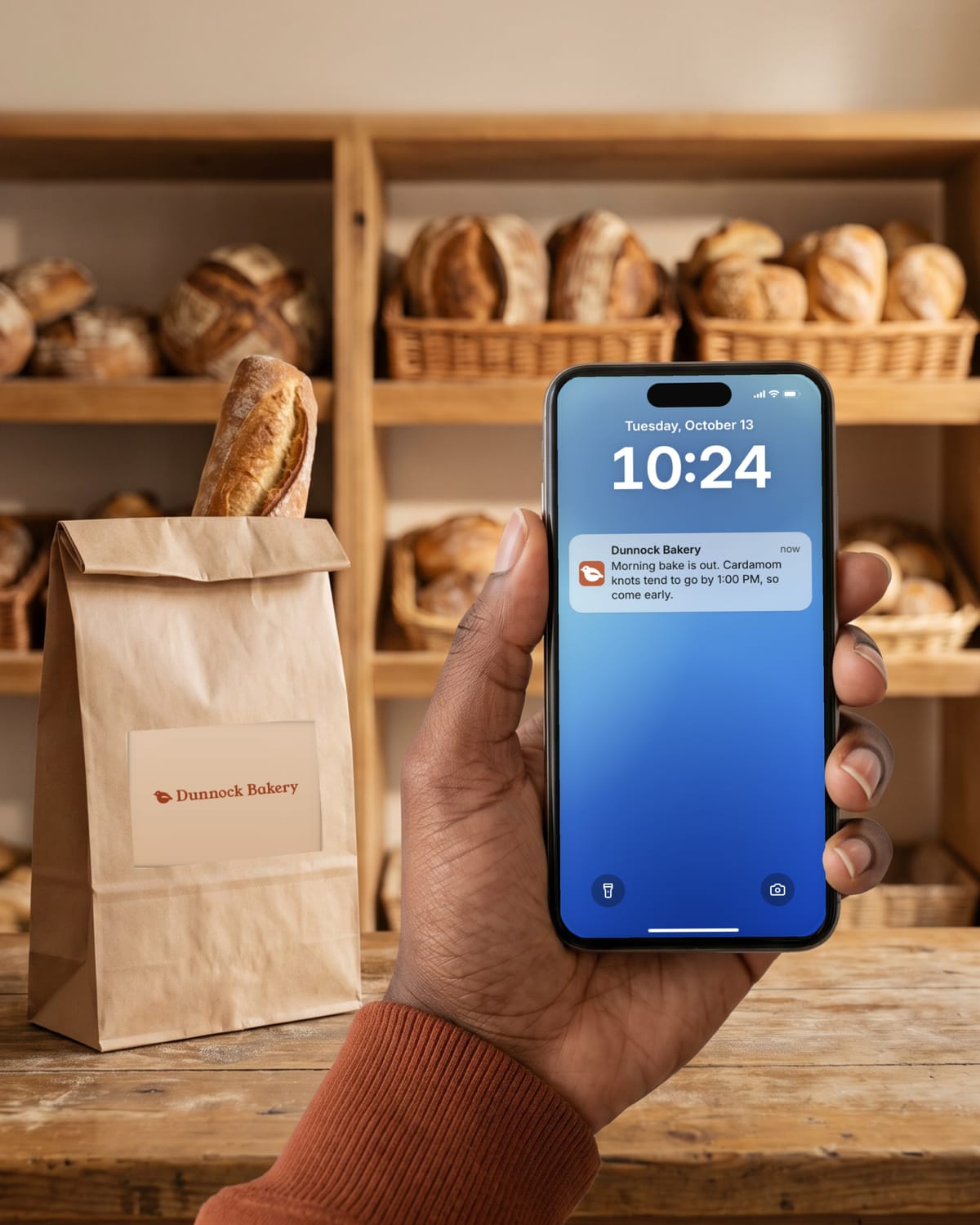 A hand holding a phone in a bakery, its lock screen showing a notification from Dunnock Bakery, an example shop.