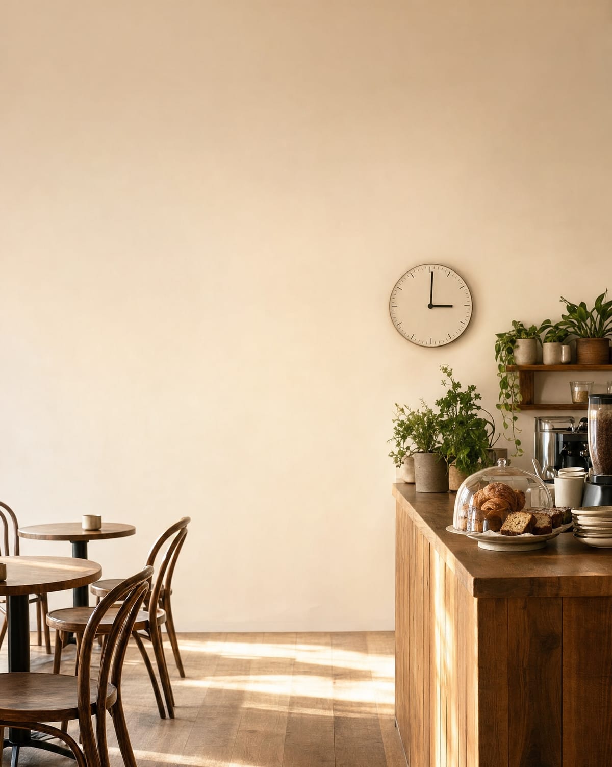 A quiet cafe in the afternoon, empty tables by the window.